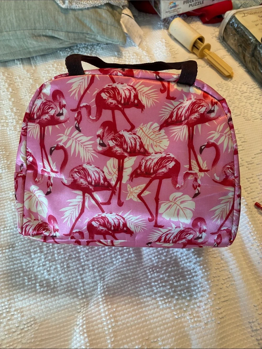 Pink Flamingo Print Cosmetic Case, Lunch Bag with Top Handles